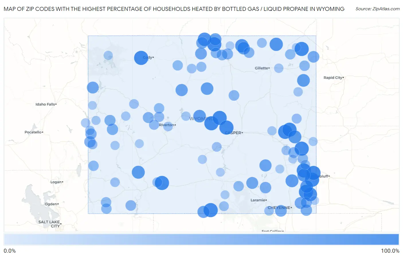 Zip Codes with the Highest Percentage of Households Heated by Bottled Gas / Liquid Propane in Wyoming Map