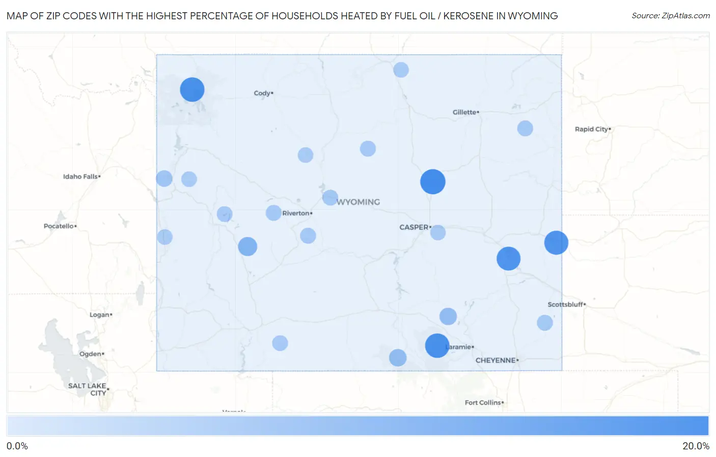 Zip Codes with the Highest Percentage of Households Heated by Fuel Oil / Kerosene in Wyoming Map
