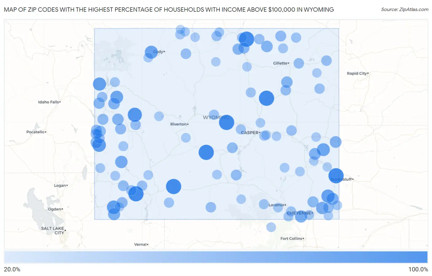 Zip Codes with the Highest Percentage of Households with Income Above $100,000 in Wyoming Map