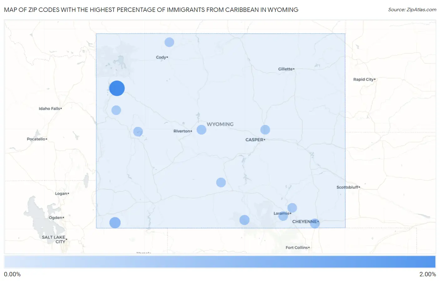 Zip Codes with the Highest Percentage of Immigrants from Caribbean in Wyoming Map