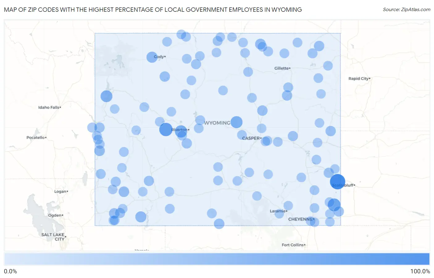 Zip Codes with the Highest Percentage of Local Government Employees in Wyoming Map