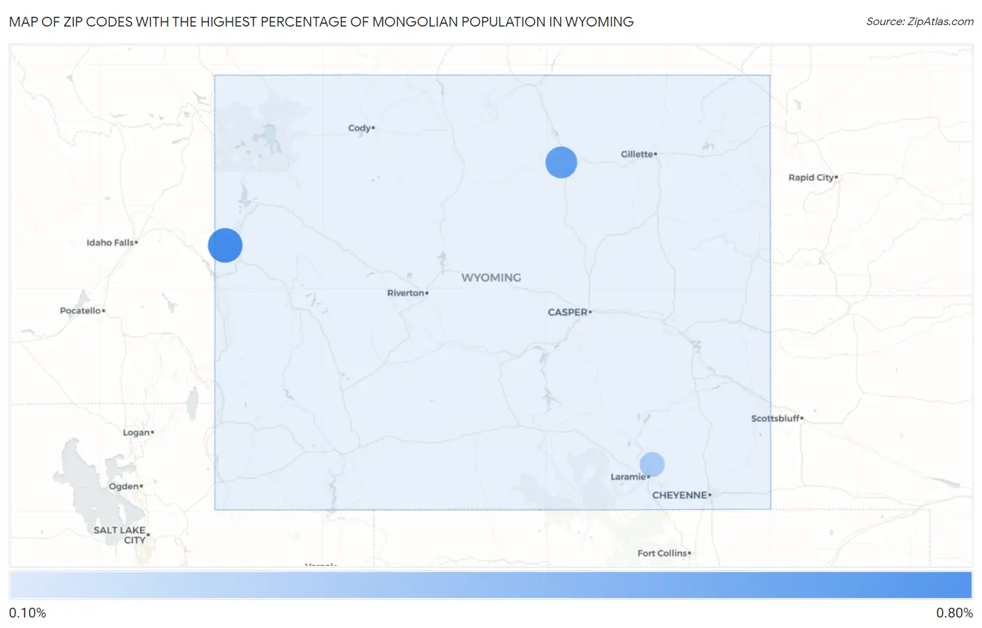 Zip Codes with the Highest Percentage of Mongolian Population in Wyoming Map