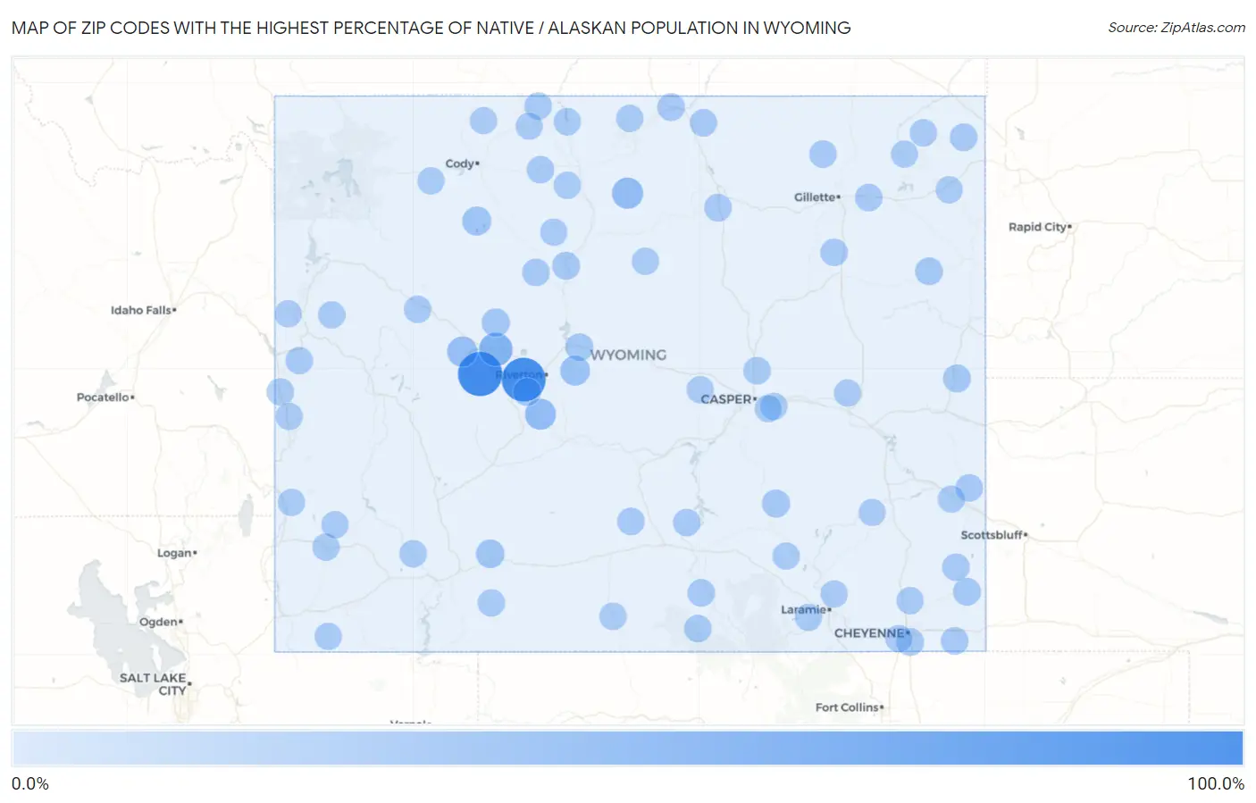 Zip Codes with the Highest Percentage of Native / Alaskan Population in Wyoming Map