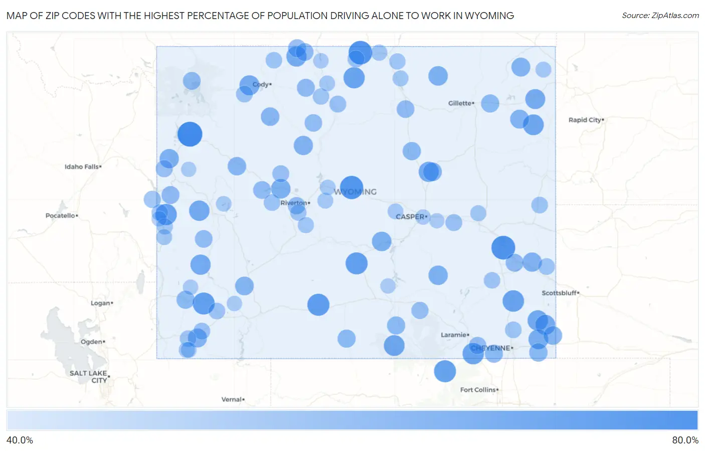 Zip Codes with the Highest Percentage of Population Driving Alone to Work in Wyoming Map