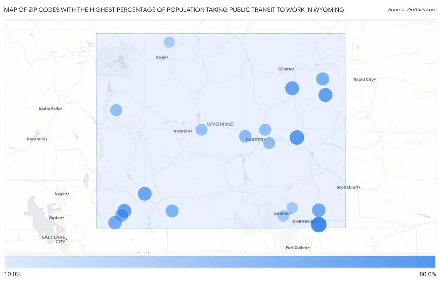 Zip Codes with the Highest Percentage of Population Taking Public Transit to Work in Wyoming Map