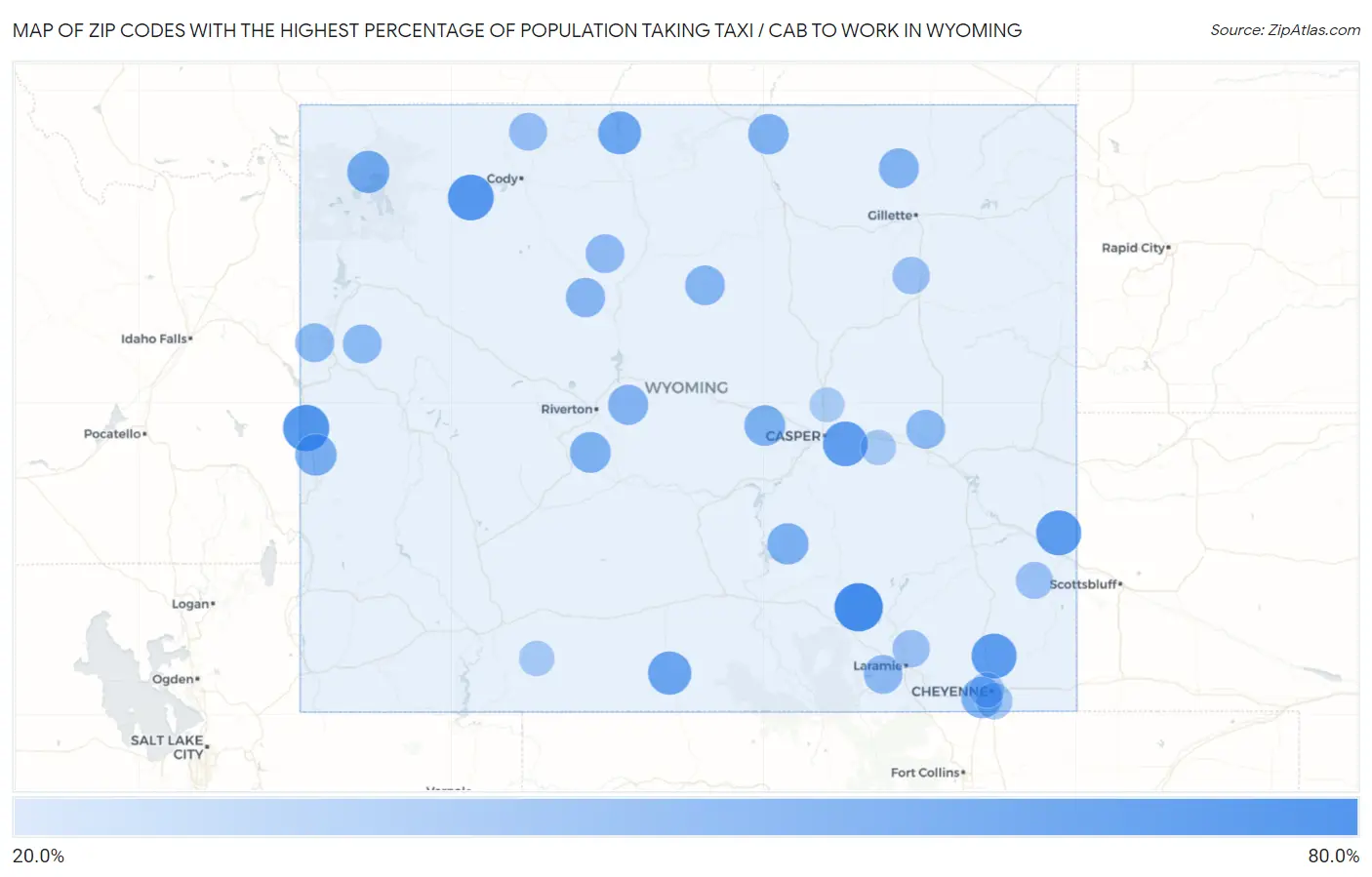 Zip Codes with the Highest Percentage of Population Taking Taxi / Cab to Work in Wyoming Map