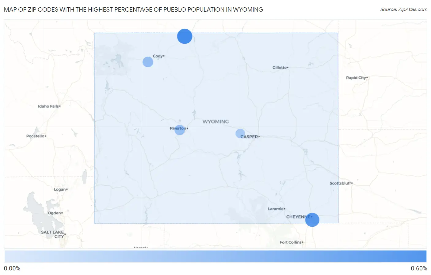 Zip Codes with the Highest Percentage of Pueblo Population in Wyoming Map