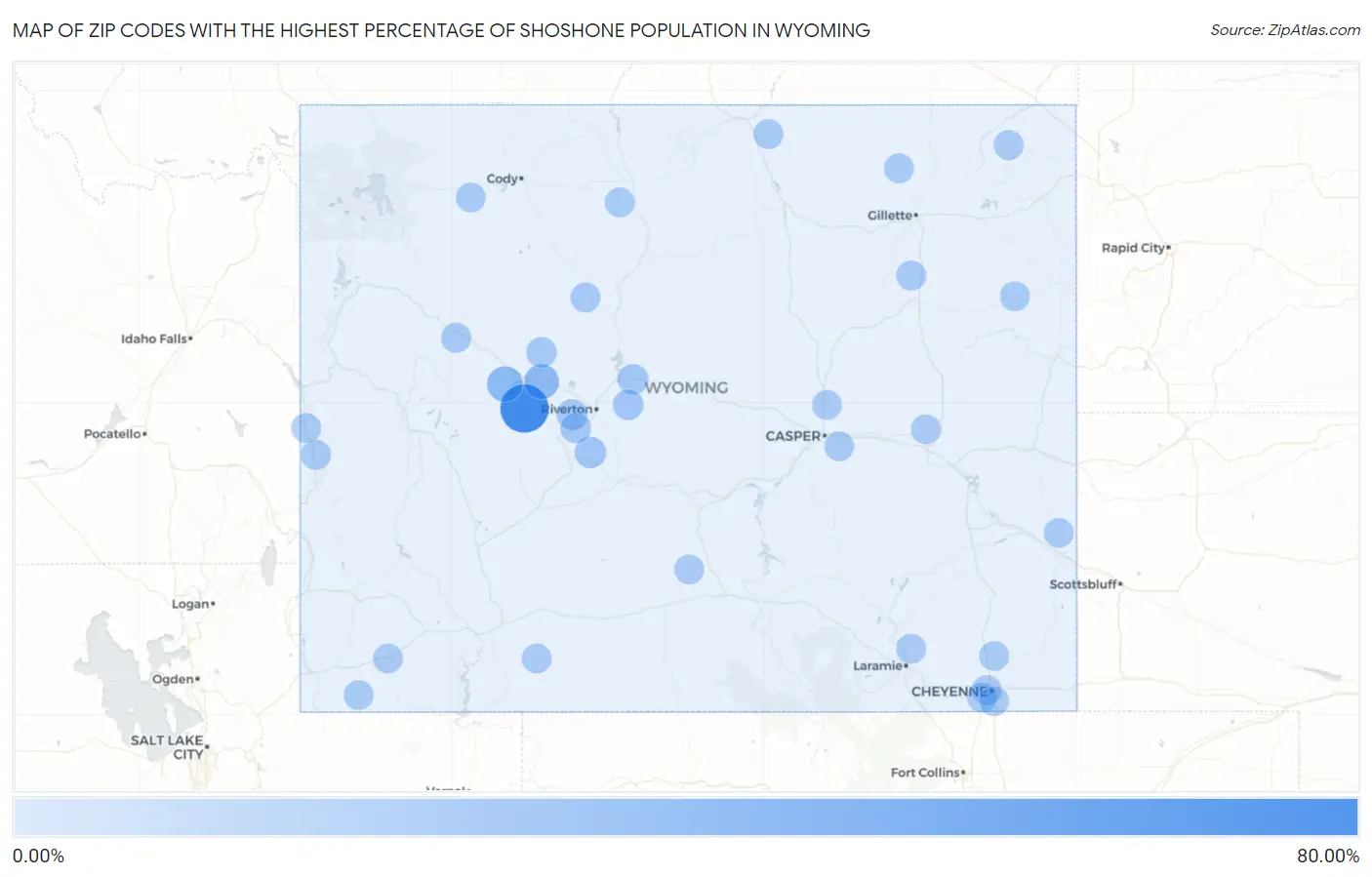 Zip Codes with the Highest Percentage of Shoshone Population in Wyoming Map