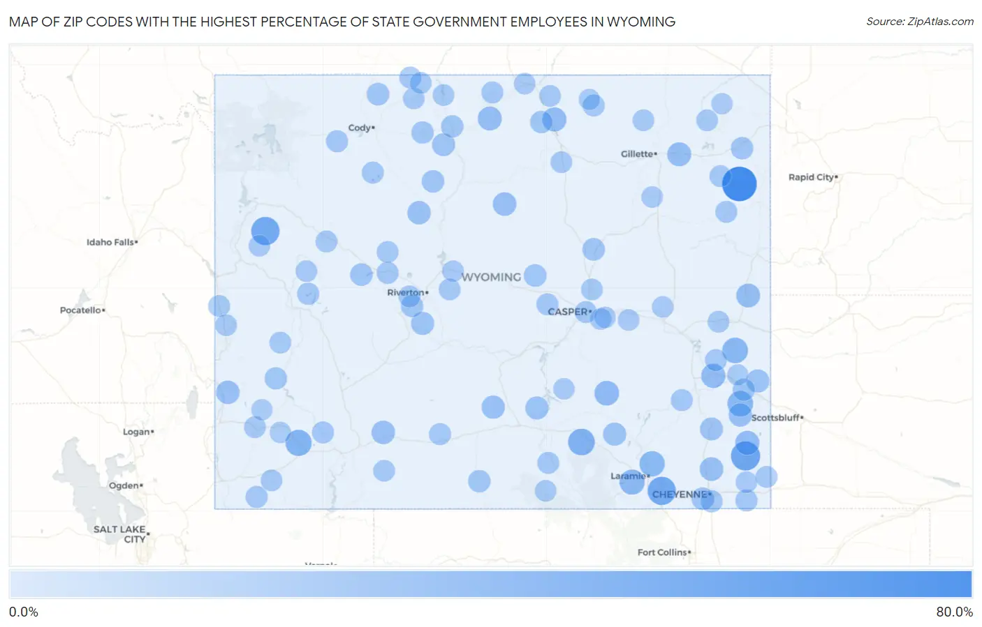 Zip Codes with the Highest Percentage of State Government Employees in Wyoming Map