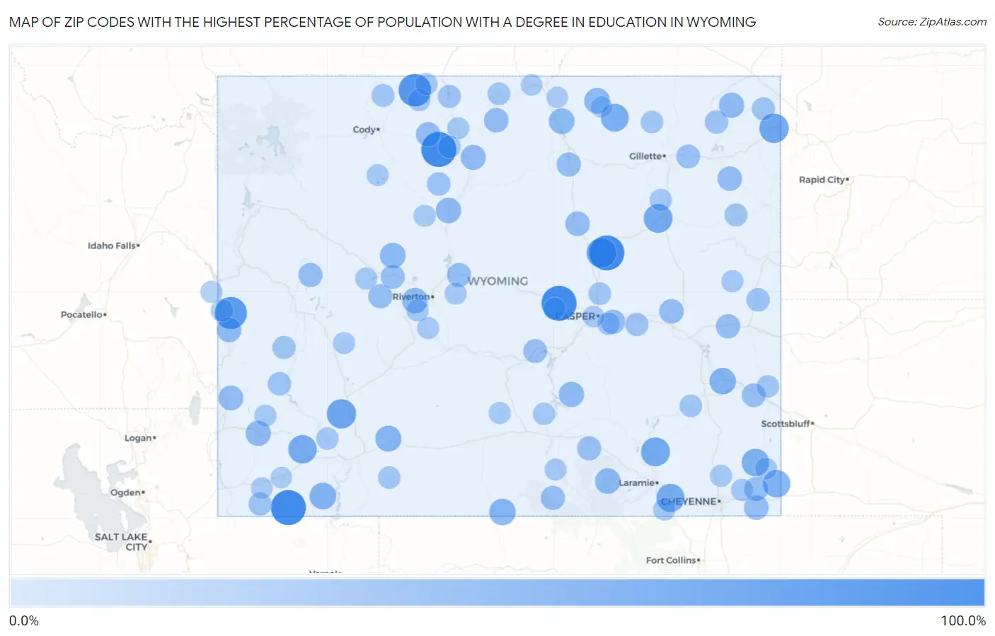 Zip Codes with the Highest Percentage of Population with a Degree in Education in Wyoming Map