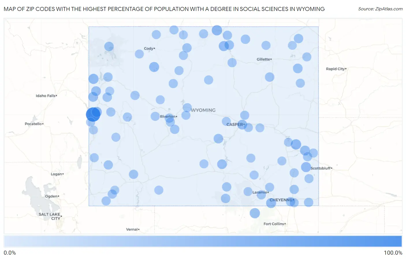 Zip Codes with the Highest Percentage of Population with a Degree in Social Sciences in Wyoming Map