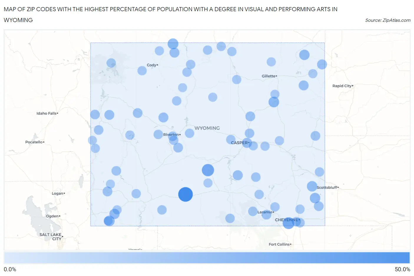 Zip Codes with the Highest Percentage of Population with a Degree in Visual and Performing Arts in Wyoming Map