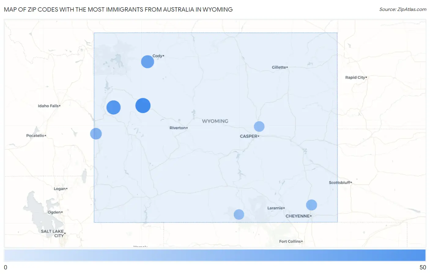 Zip Codes with the Most Immigrants from Australia in Wyoming Map