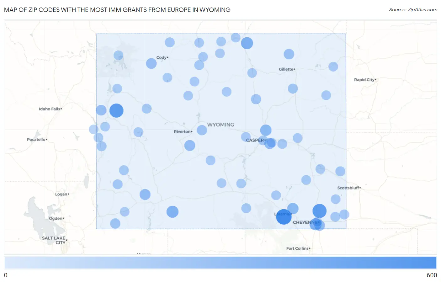 Zip Codes with the Most Immigrants from Europe in Wyoming Map