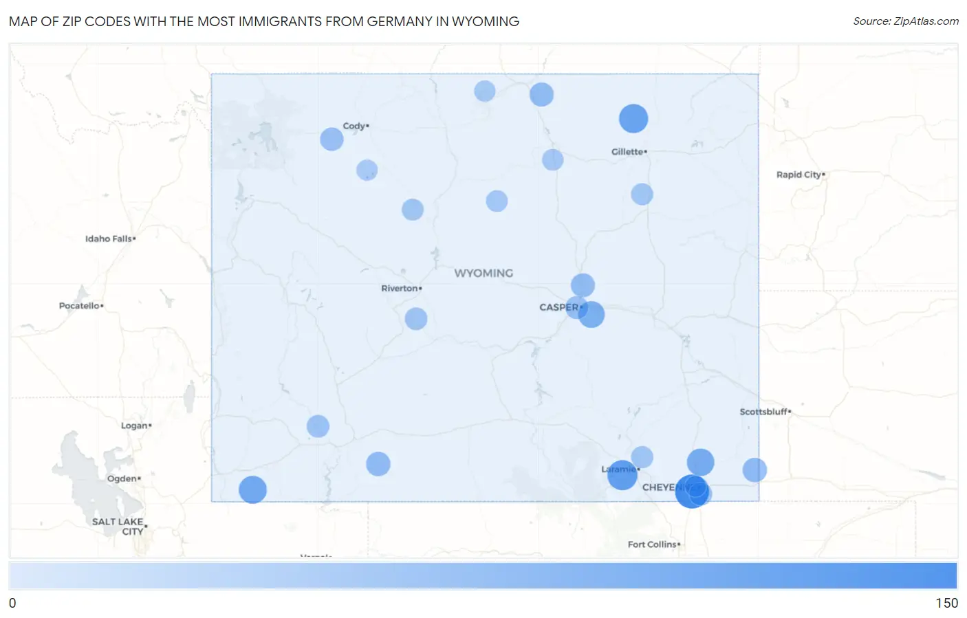 Zip Codes with the Most Immigrants from Germany in Wyoming Map