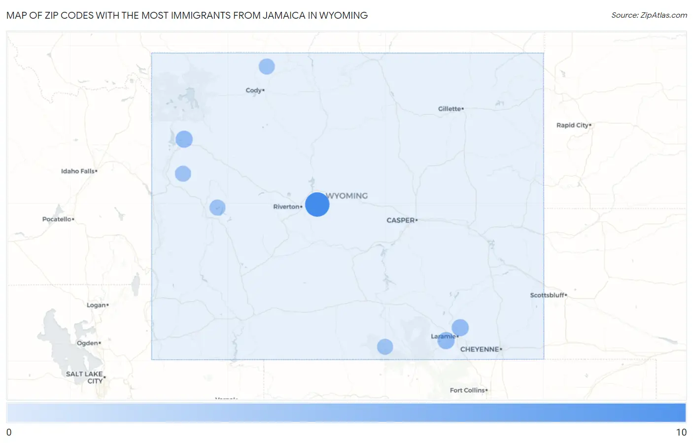 Zip Codes with the Most Immigrants from Jamaica in Wyoming Map