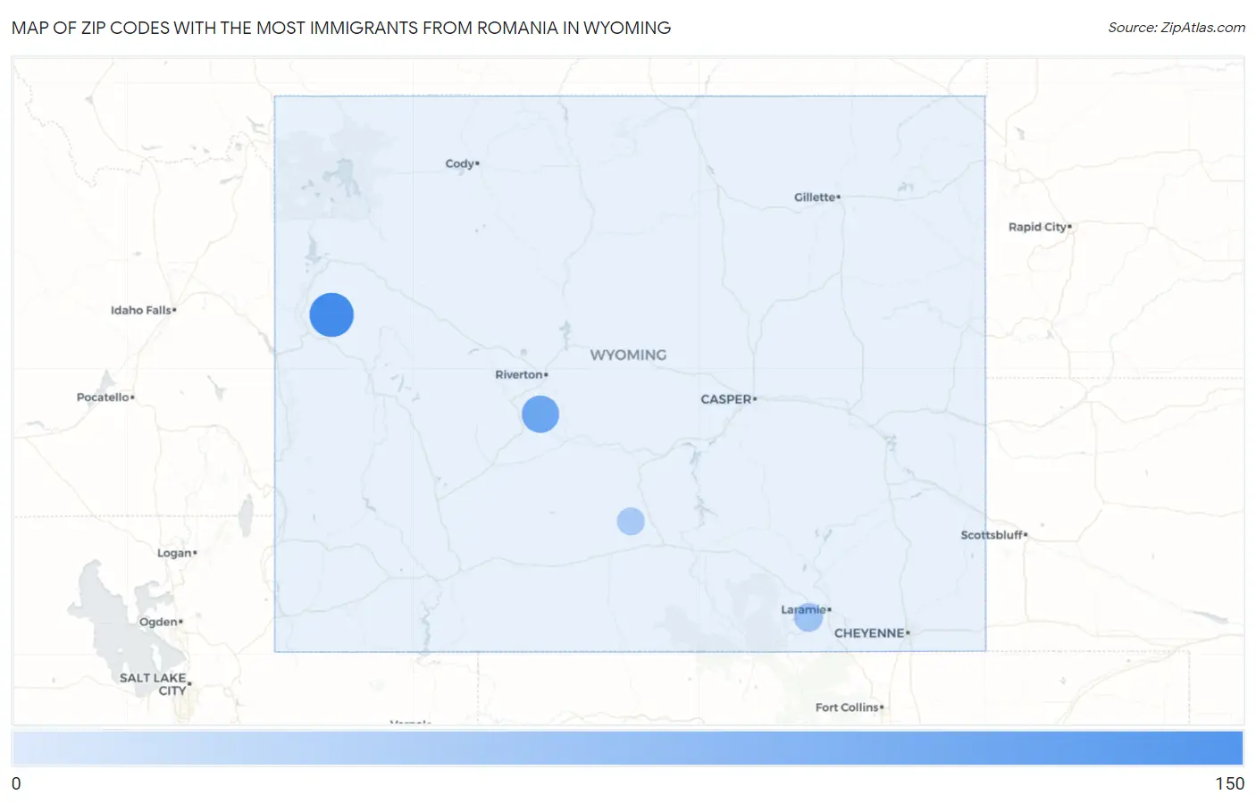 Zip Codes with the Most Immigrants from Romania in Wyoming Map
