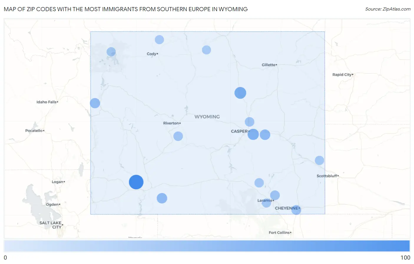 Zip Codes with the Most Immigrants from Southern Europe in Wyoming Map