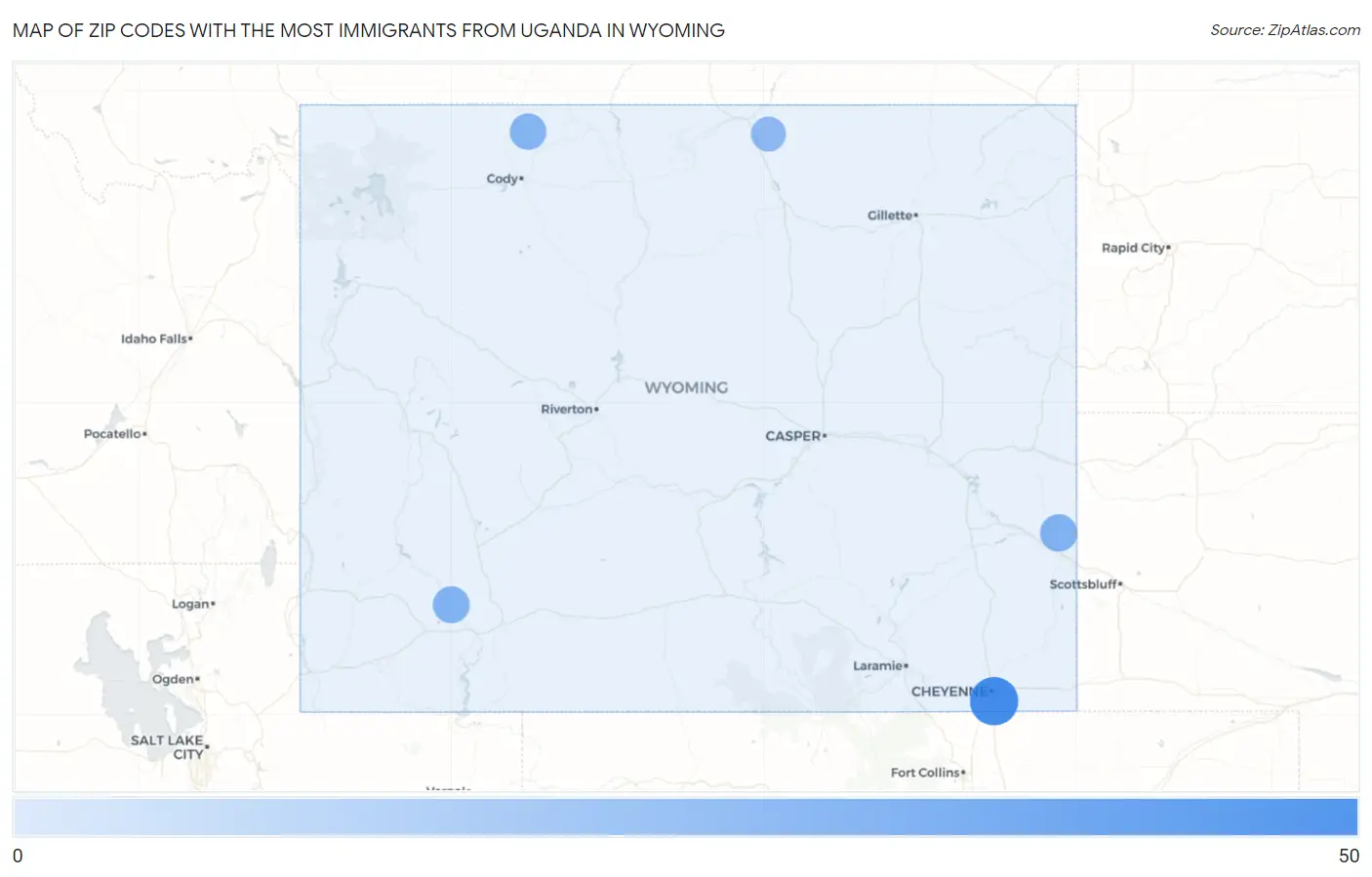 Zip Codes with the Most Immigrants from Uganda in Wyoming Map