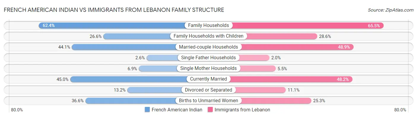 French American Indian vs Immigrants from Lebanon Family Structure