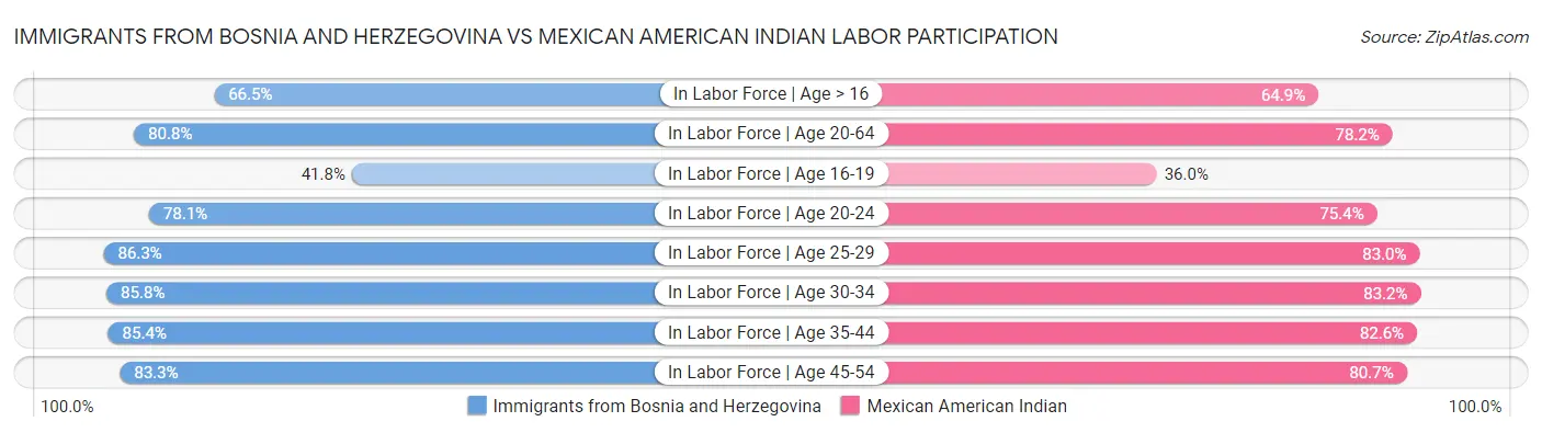 Immigrants from Bosnia and Herzegovina vs Mexican American Indian Labor Participation