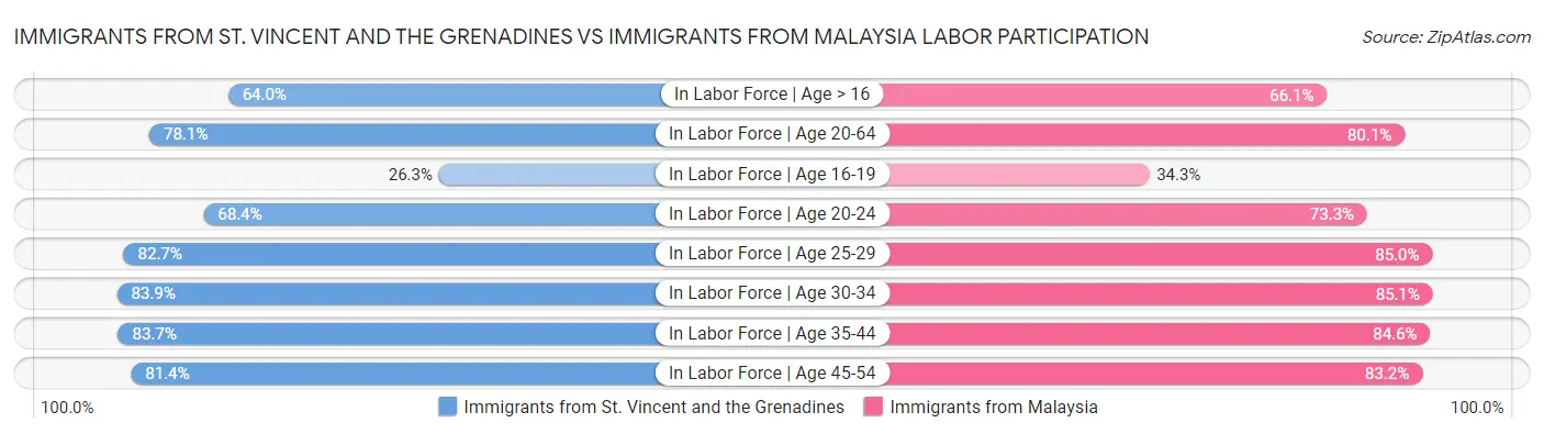 Immigrants from St. Vincent and the Grenadines vs Immigrants from Malaysia Labor Participation