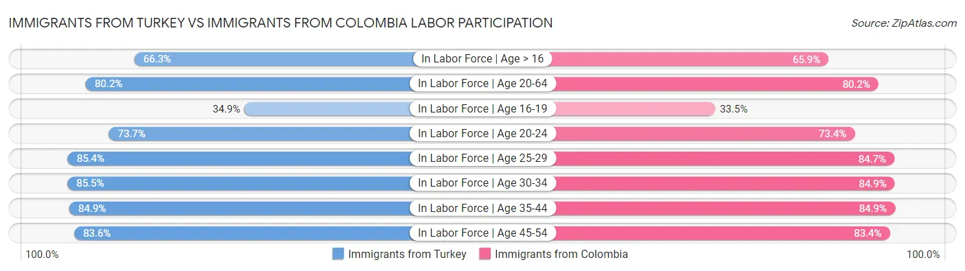 Immigrants from Turkey vs Immigrants from Colombia Labor Participation