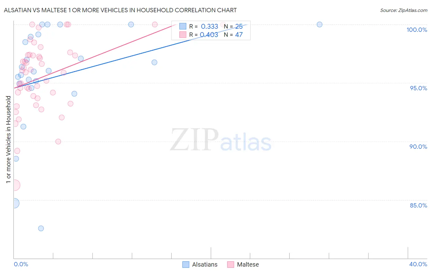 Alsatian vs Maltese 1 or more Vehicles in Household