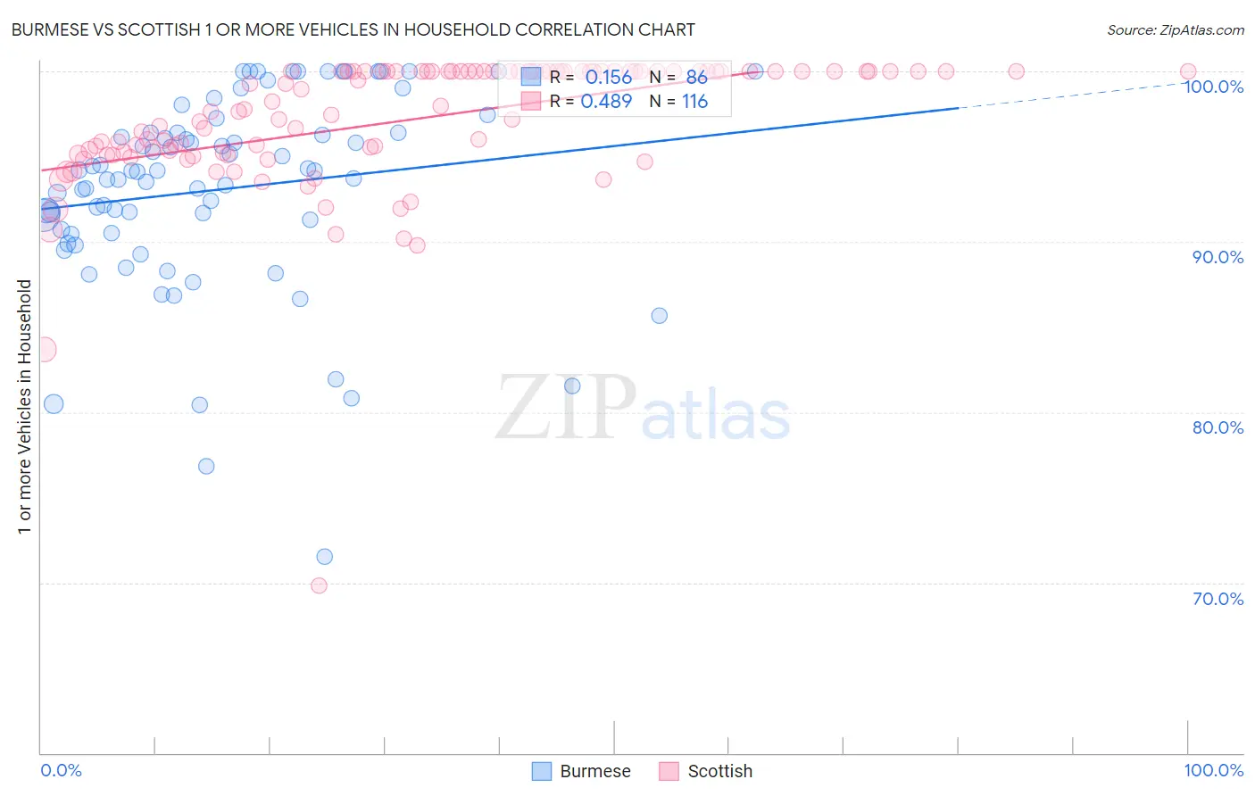 Burmese vs Scottish 1 or more Vehicles in Household
