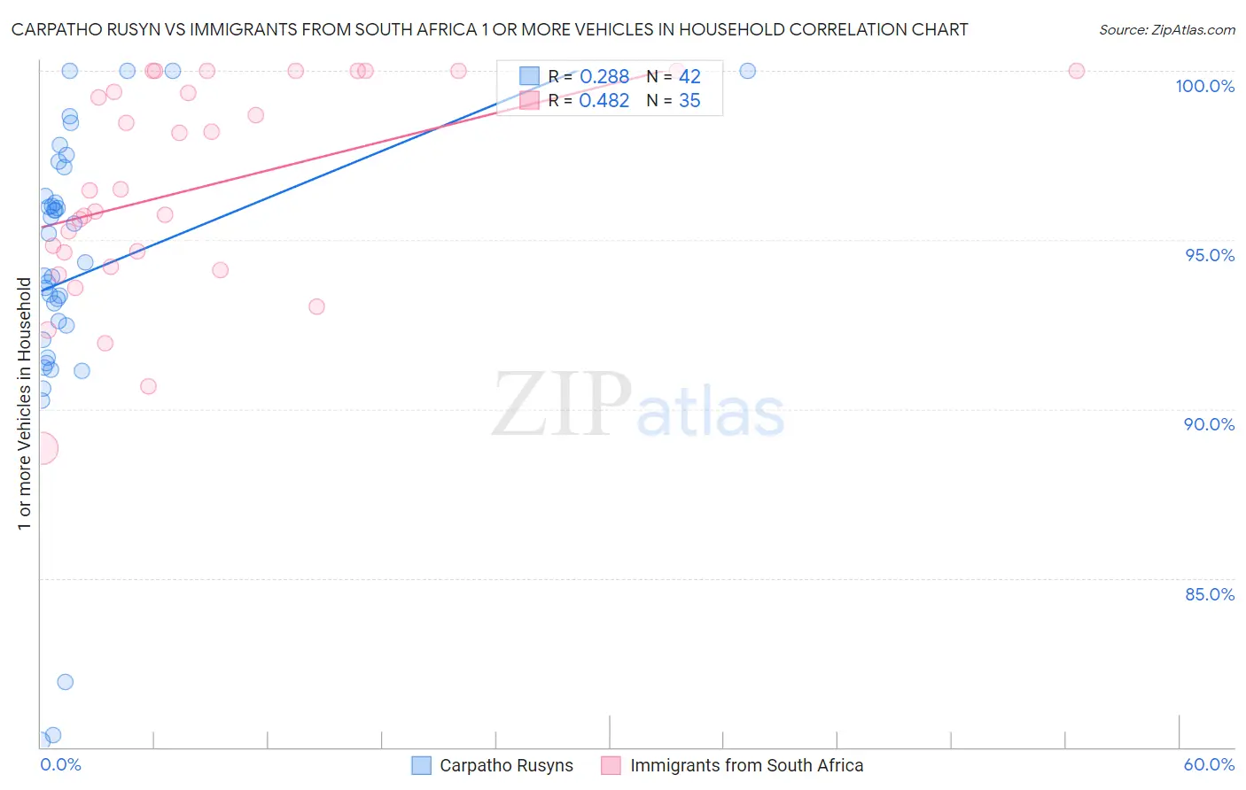 Carpatho Rusyn vs Immigrants from South Africa 1 or more Vehicles in Household
