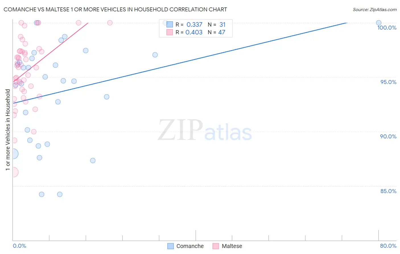 Comanche vs Maltese 1 or more Vehicles in Household