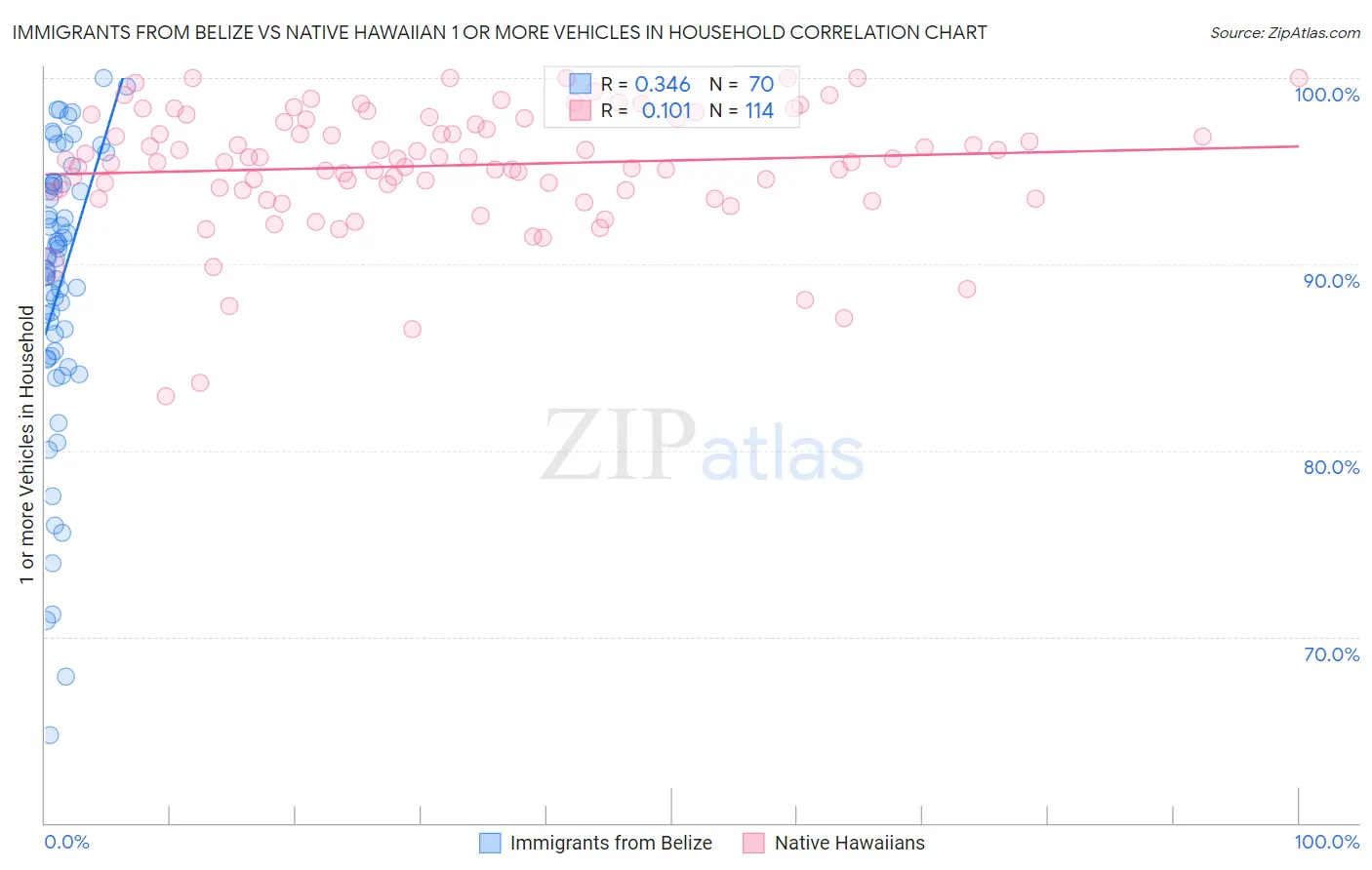 Immigrants from Belize vs Native Hawaiian 1 or more Vehicles in Household