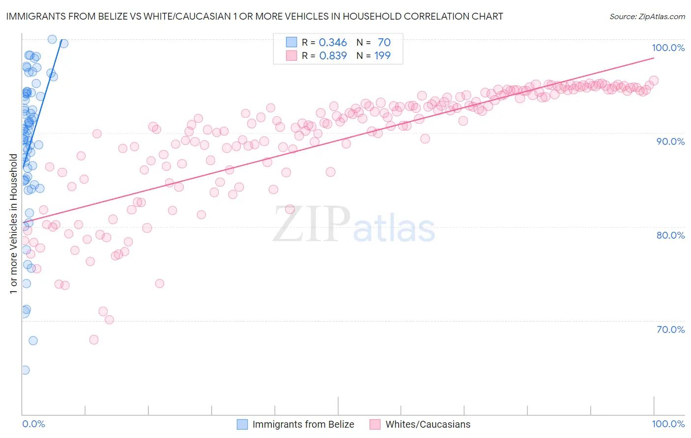 Immigrants from Belize vs White/Caucasian 1 or more Vehicles in Household