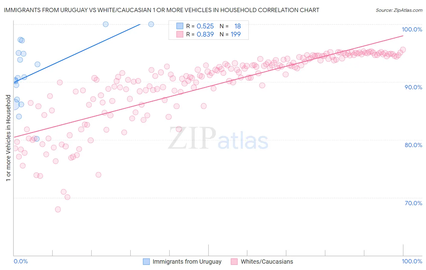 Immigrants from Uruguay vs White/Caucasian 1 or more Vehicles in Household