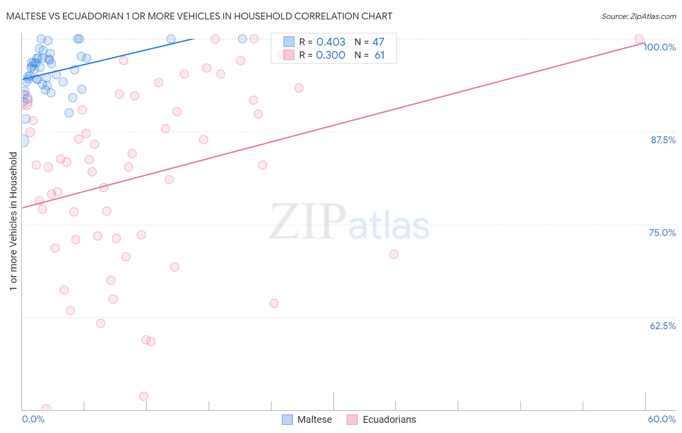 Maltese vs Ecuadorian 1 or more Vehicles in Household