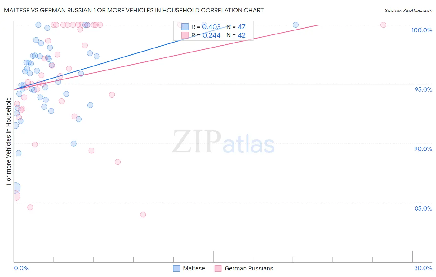 Maltese vs German Russian 1 or more Vehicles in Household