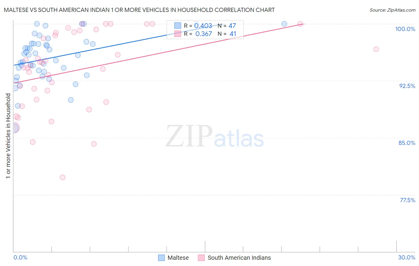 Maltese vs South American Indian 1 or more Vehicles in Household