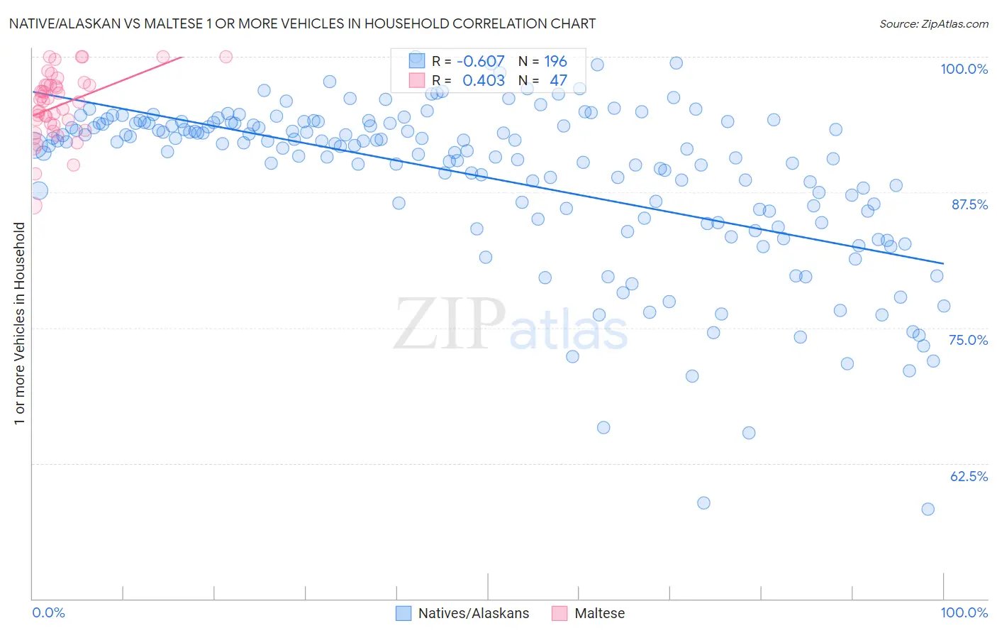 Native/Alaskan vs Maltese 1 or more Vehicles in Household