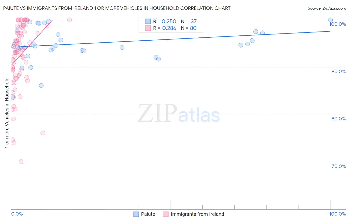 Paiute vs Immigrants from Ireland 1 or more Vehicles in Household