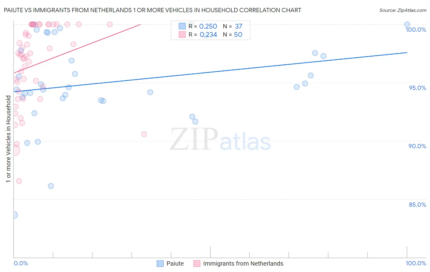 Paiute vs Immigrants from Netherlands 1 or more Vehicles in Household