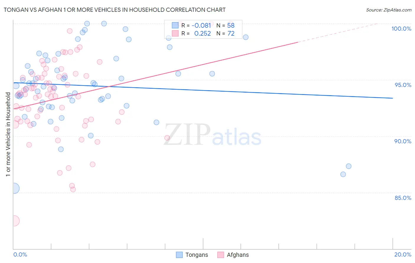Tongan vs Afghan 1 or more Vehicles in Household