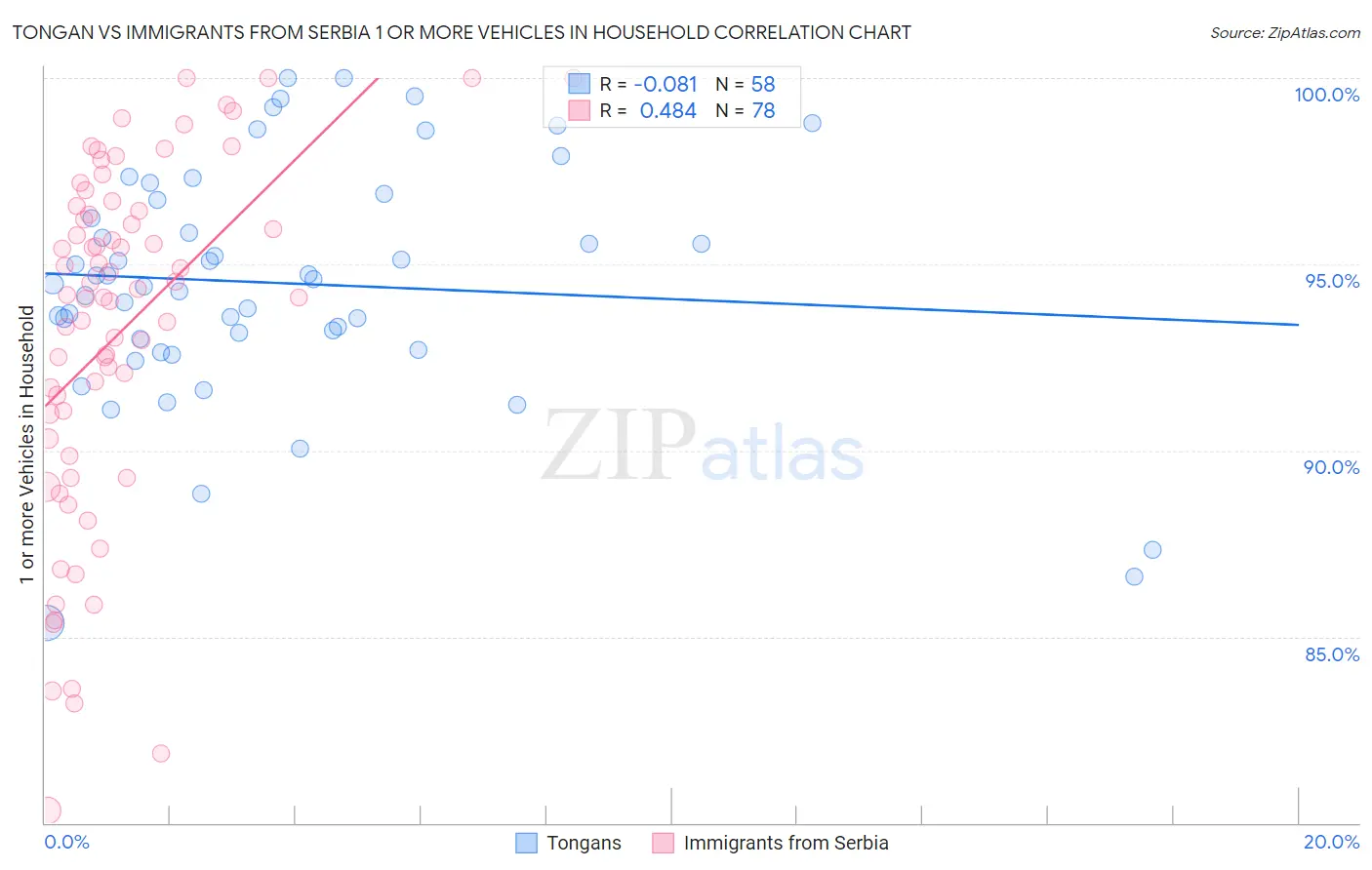 Tongan vs Immigrants from Serbia 1 or more Vehicles in Household