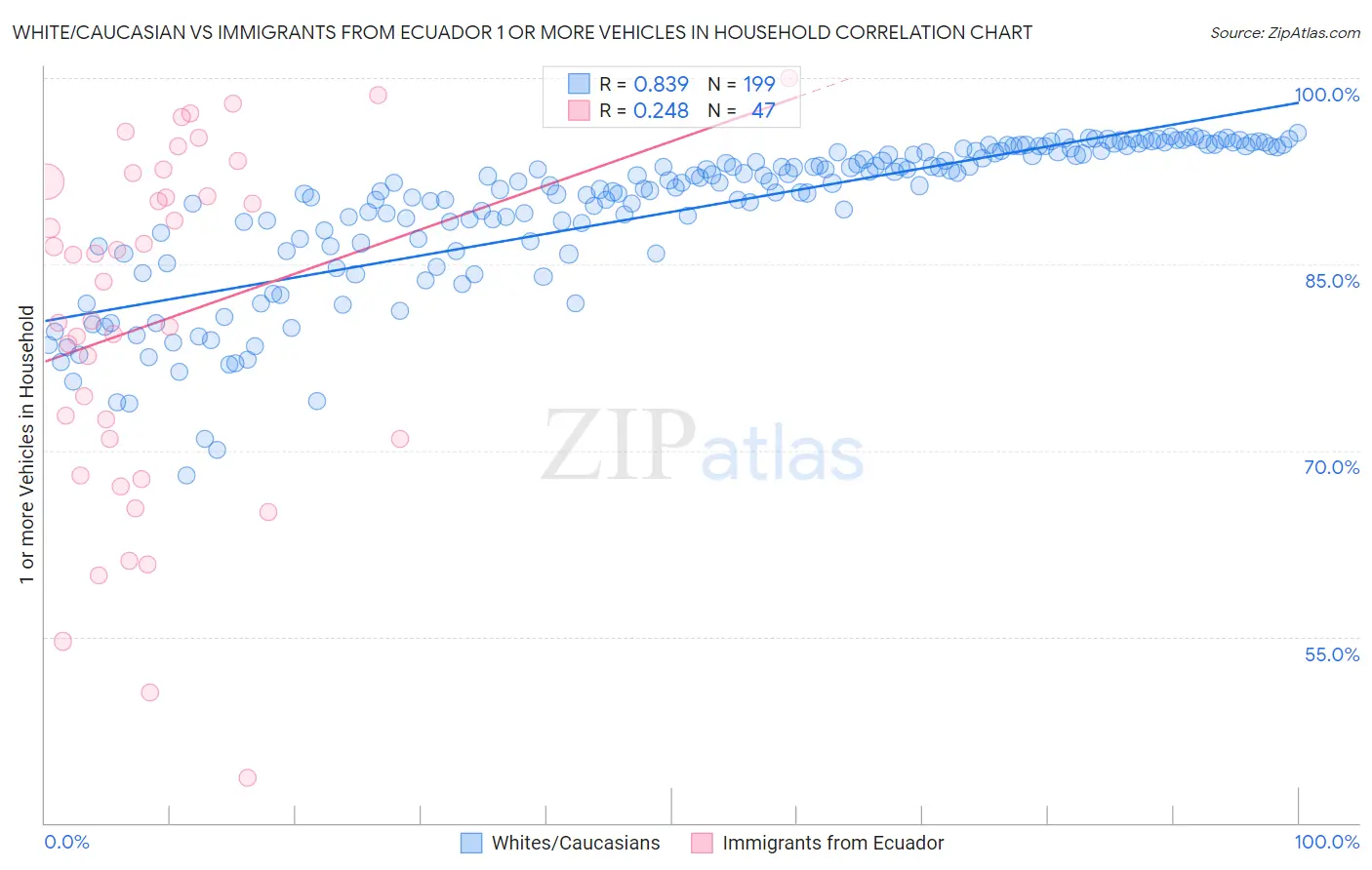 White/Caucasian vs Immigrants from Ecuador 1 or more Vehicles in Household
