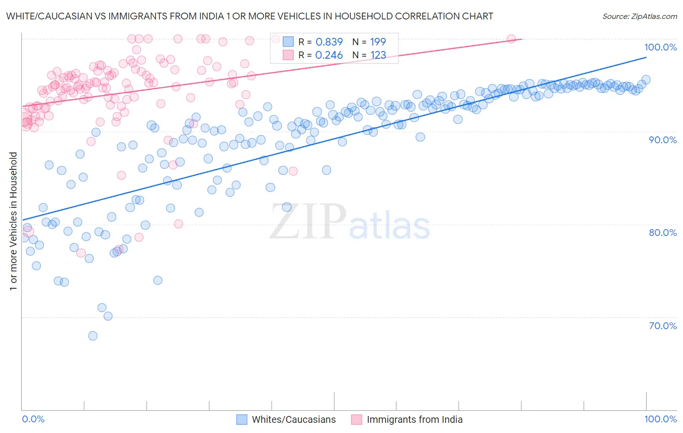 White/Caucasian vs Immigrants from India 1 or more Vehicles in Household