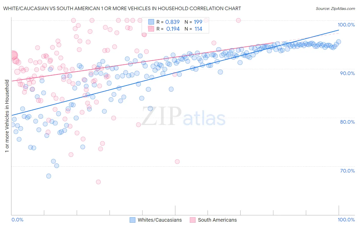 White/Caucasian vs South American 1 or more Vehicles in Household