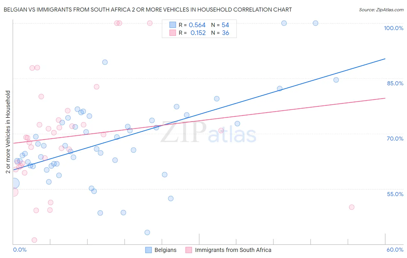 Belgian vs Immigrants from South Africa 2 or more Vehicles in Household