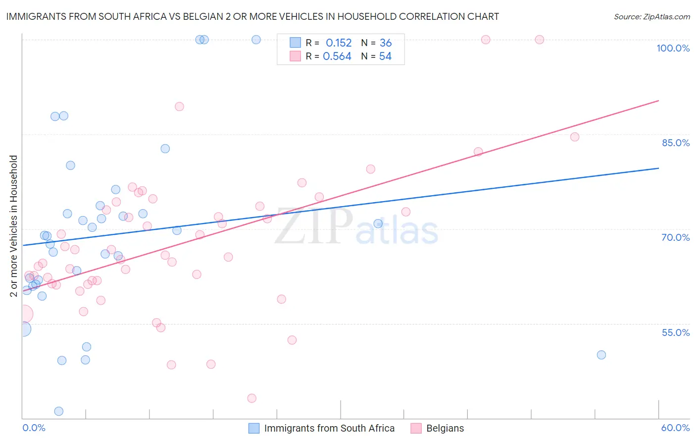 Immigrants from South Africa vs Belgian 2 or more Vehicles in Household