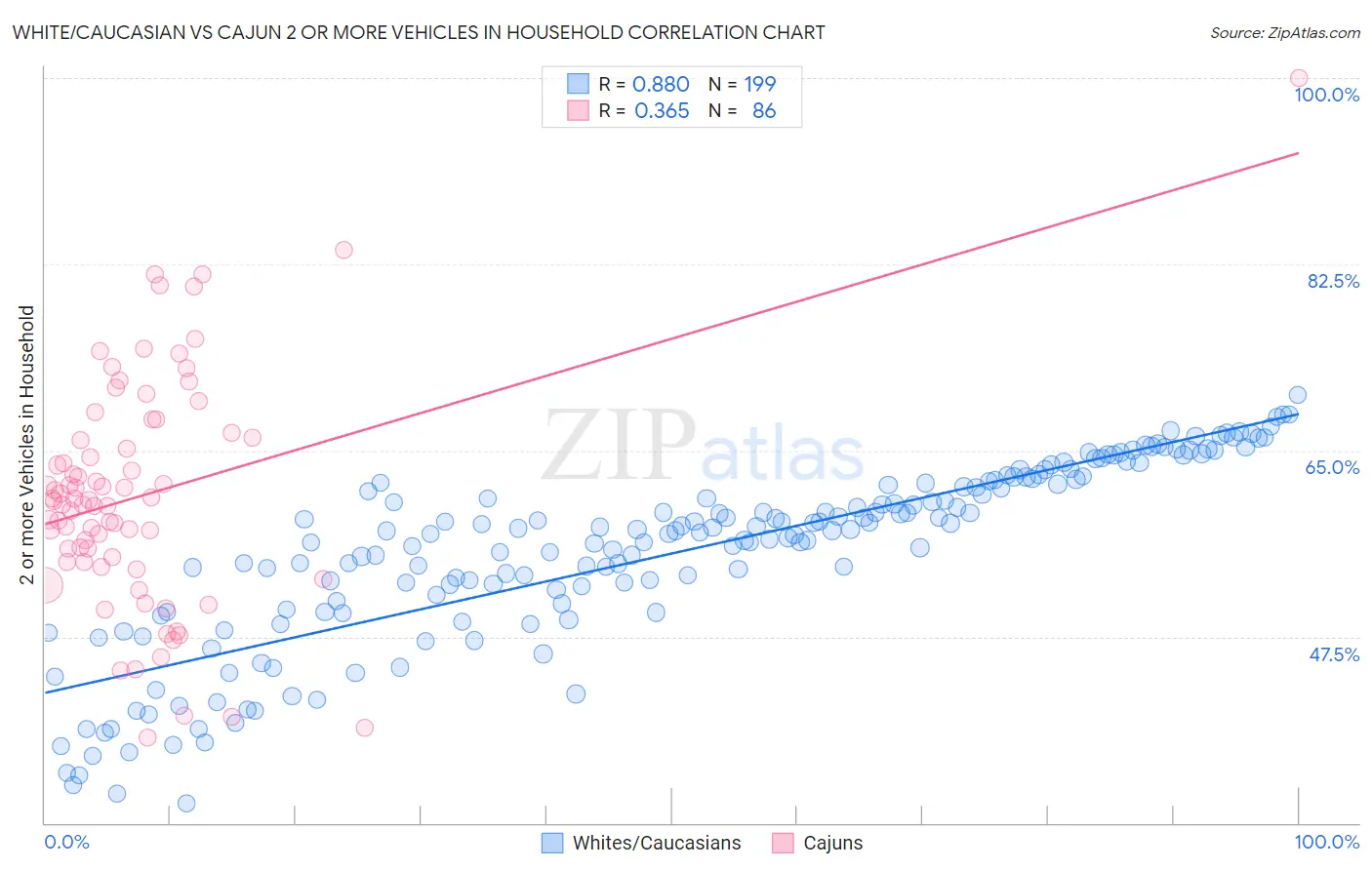 White/Caucasian vs Cajun 2 or more Vehicles in Household