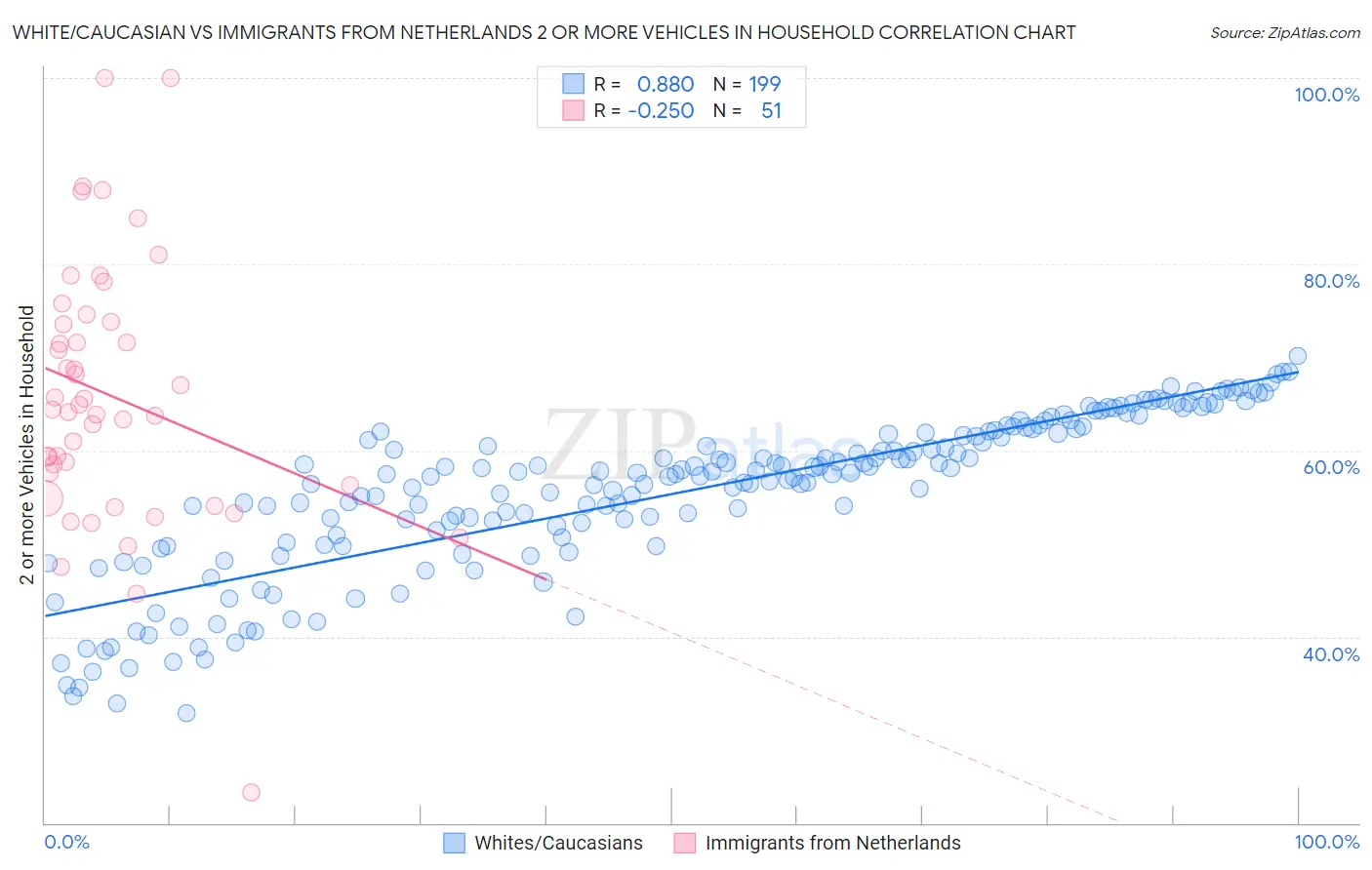 White/Caucasian vs Immigrants from Netherlands 2 or more Vehicles in Household