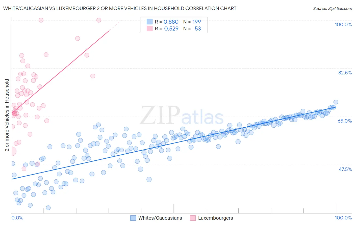 White/Caucasian vs Luxembourger 2 or more Vehicles in Household